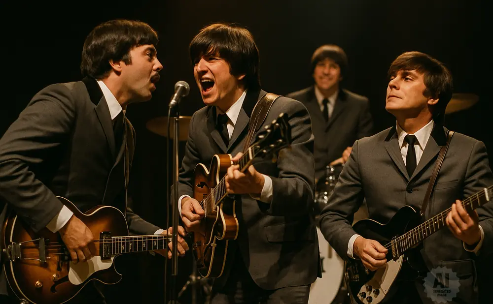 Four men in gray suits playing guitars on stage.
