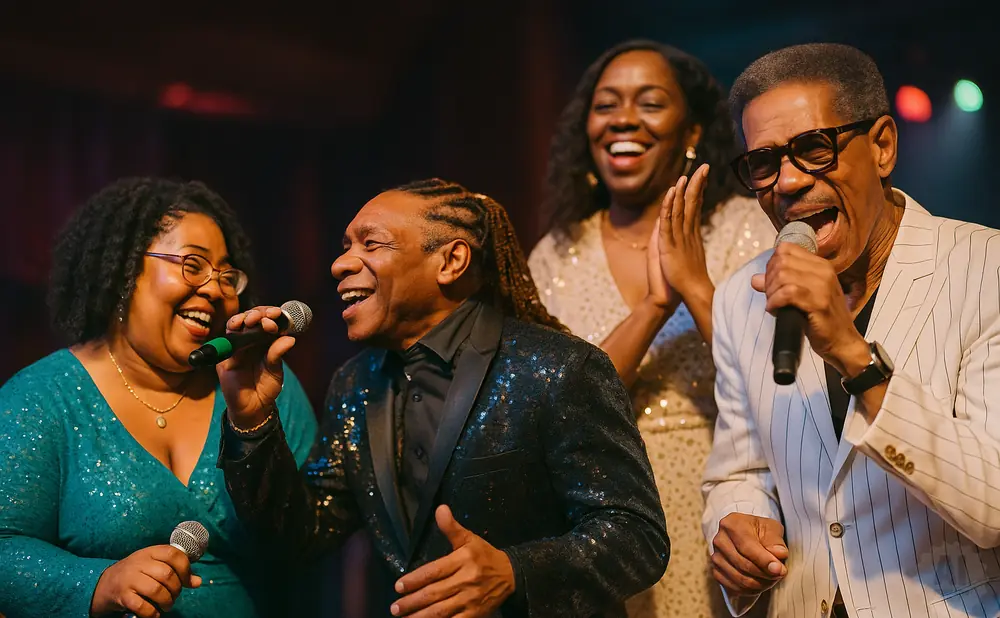 A Black male singer in a sparkly black suit sings into a microphone on stage with two female singers.