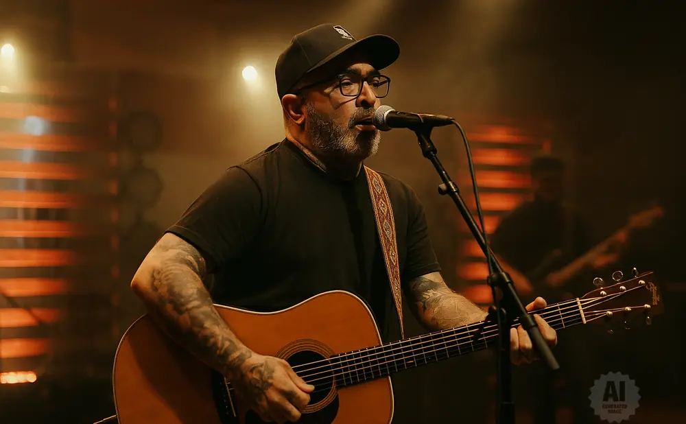 A man with a beard, glasses, and a cap sings into a microphone while playing an acoustic guitar.