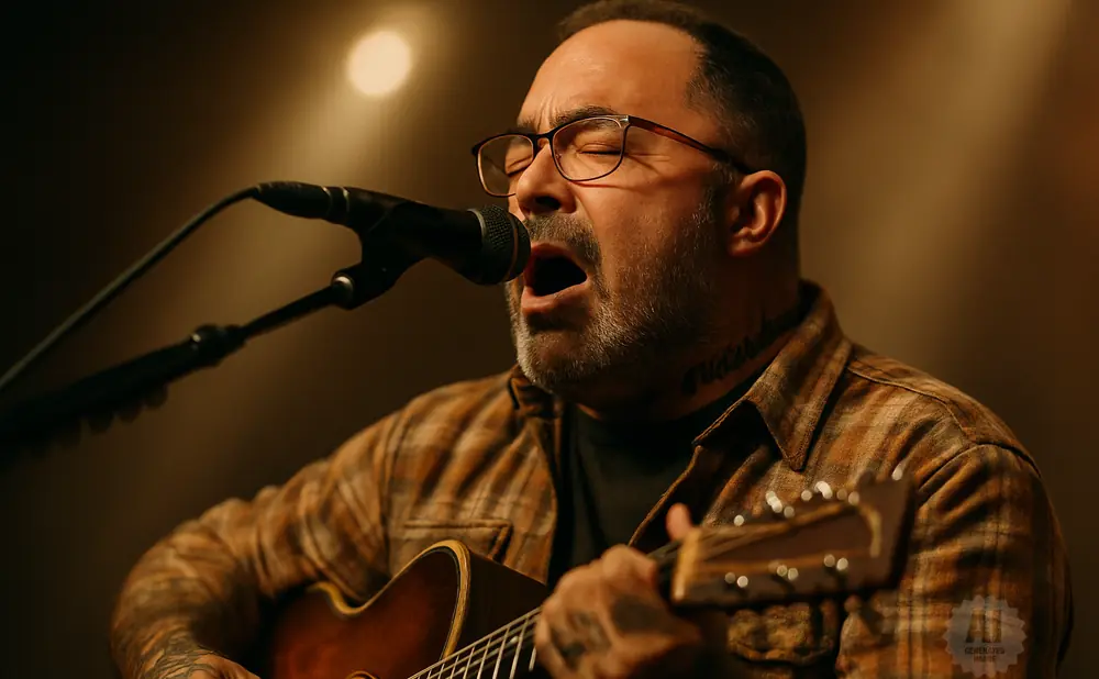 Man with glasses singing and playing an acoustic guitar, wearing a plaid shirt.