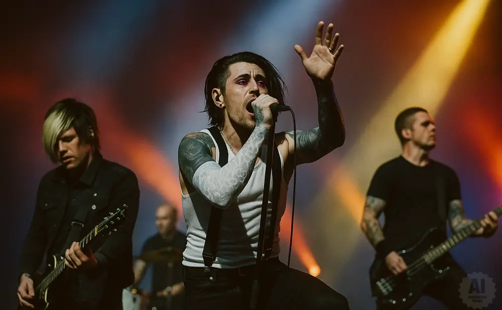 A rock band performs live on stage, with a singer in the foreground and guitarists behind.