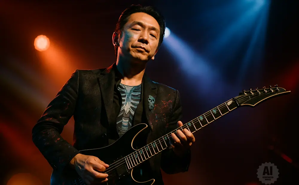 A male guitarist with a skull lapel pin plays a black electric guitar on stage under red and blue lights.