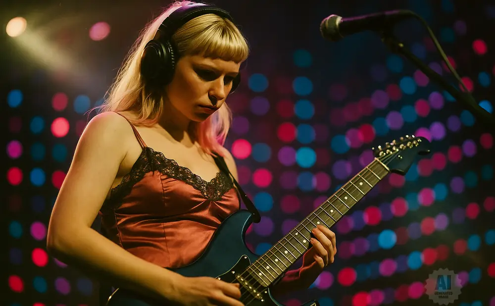 A woman with blonde hair and bangs plays an electric guitar while wearing headphones on a stage with colorful bokeh lights.