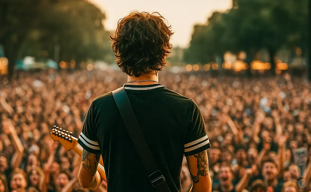 a rear view photo of alexsucks performing a concert on stage to a lively audience