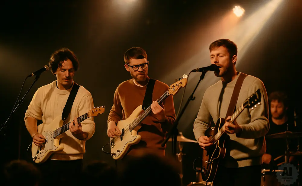 Band performing on stage. Three men play guitars and sing into microphones, lit by stage lights.