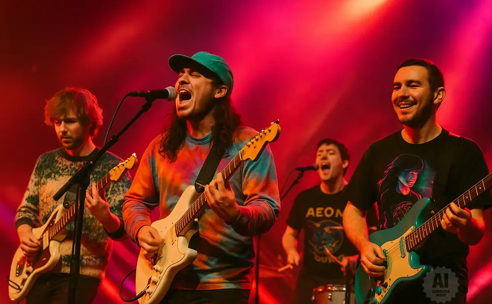 A band performs on a stage with red lighting. The lead singer wears a teal cap and tie-dye shirt.