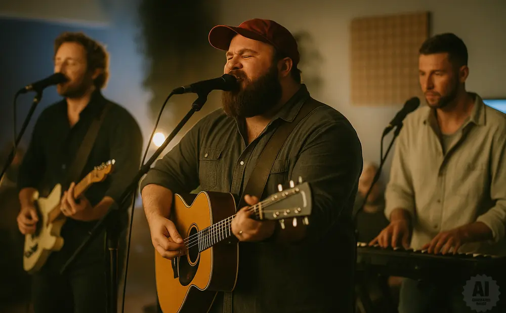 A band of three men play music. The lead singer strums an acoustic guitar and sings into a microphone, with other musicians playing electric guitar and …