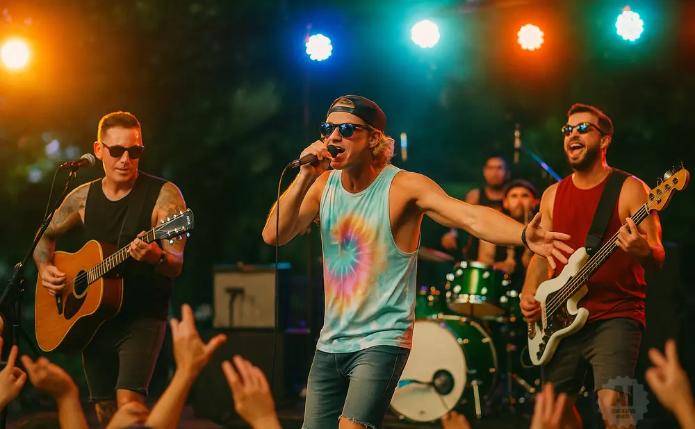 A band performs on stage at night, with colorful lights illuminating them.