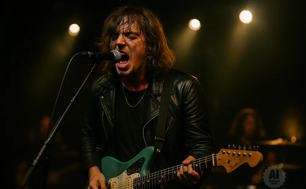 A male singer with long hair, wearing a black leather jacket, sings into a microphone while playing a teal electric guitar on stage.