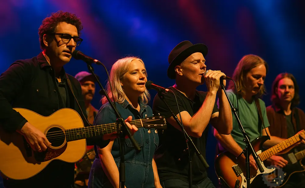 A band plays on a stage with blue and pink lighting. A guitarist in the foreground wears glasses and plays an acoustic guitar.