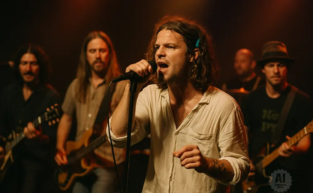 A male singer with long hair, wearing a white shirt, sings into a microphone on stage with his band.