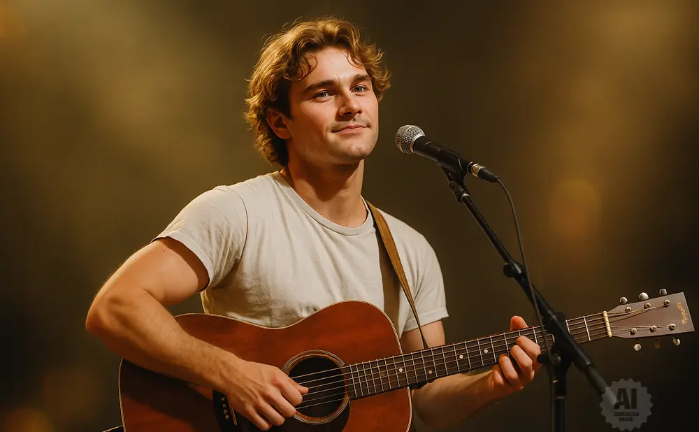 Young man with curly hair playing an acoustic guitar and singing into a microphone.
