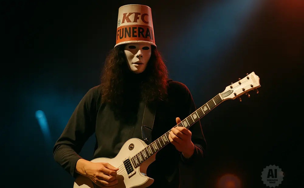 Musician wearing a white mask and KFC bucket hat plays a white electric guitar on stage.