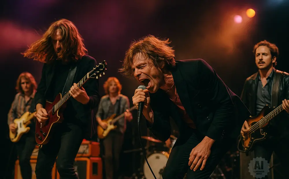 A rock band performs on stage, with a lead singer belting into a microphone and guitarists playing.