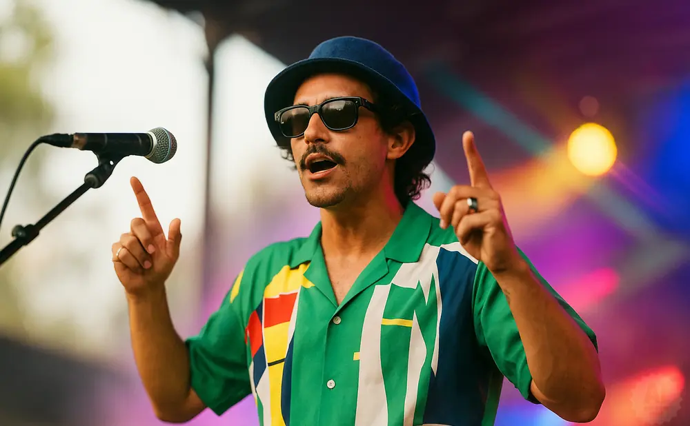 Man wearing a bucket hat and sunglasses points his finger while singing into a microphone.