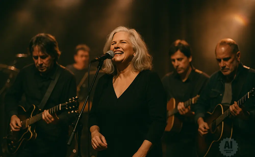 A female singer smiles and laughs into a microphone as a band plays guitars behind her.