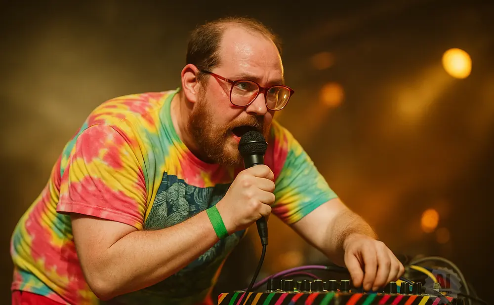 A man in a tie-dye shirt sings into a microphone, his hand adjusting knobs on a colorful audio mixer.
