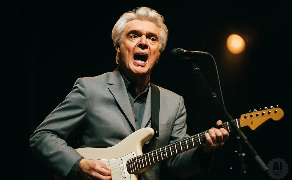 A man in a gray suit plays a light-colored electric guitar and sings into a microphone on a dark stage.