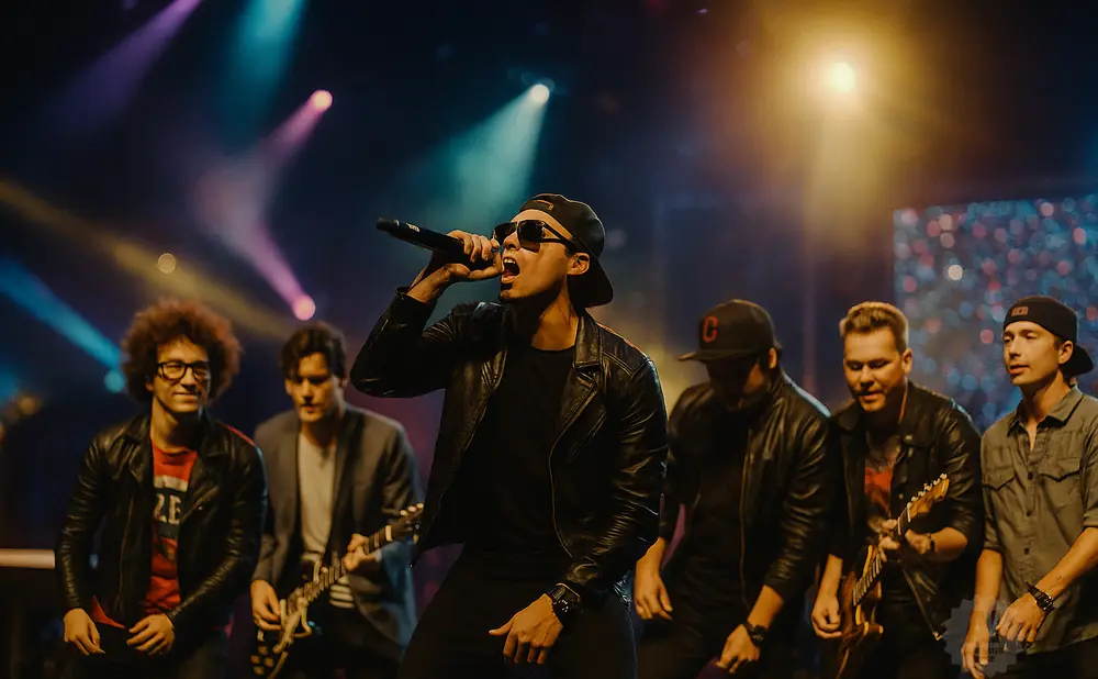 A male singer performs on stage with his band, bathed in colorful stage lights.