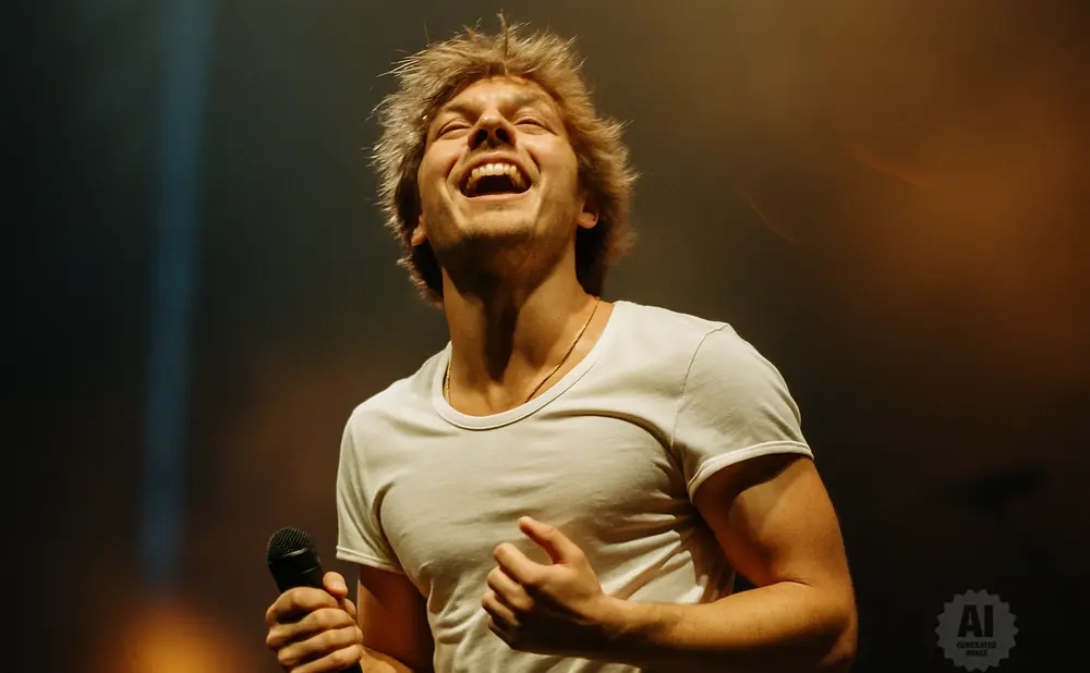 A man with wild hair and a wide smile sings into a microphone on stage.