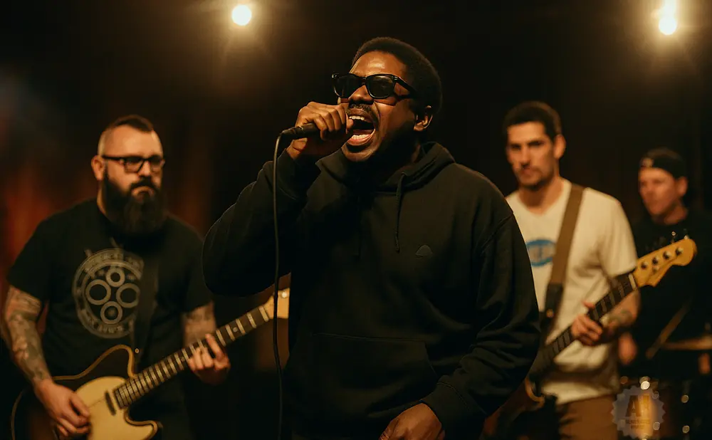 A band performs on stage, with a singer in the foreground.