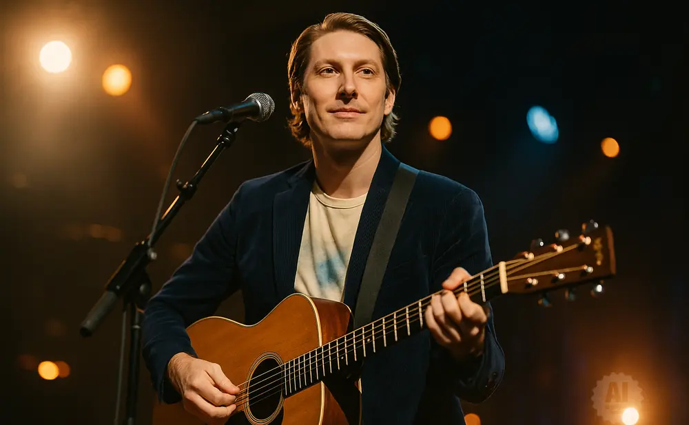 A man in a navy jacket plays an acoustic guitar on stage, with lights behind him.