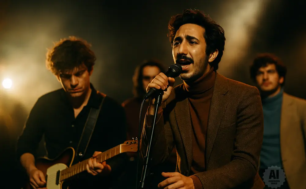 A band performs on stage, with the lead singer in the foreground singing into a microphone.