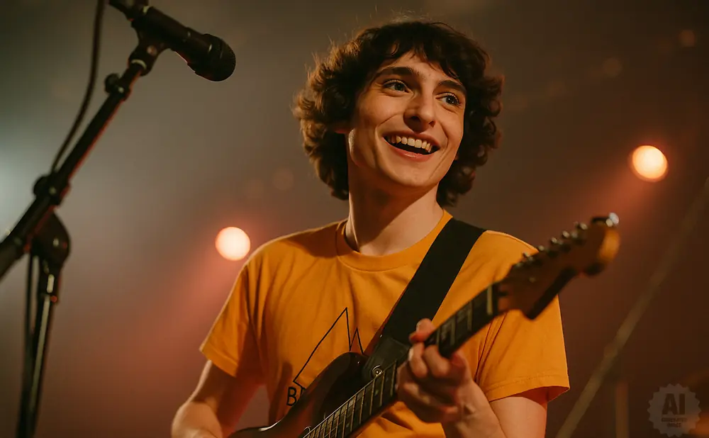 A young man with curly hair smiles while playing an electric guitar on stage.