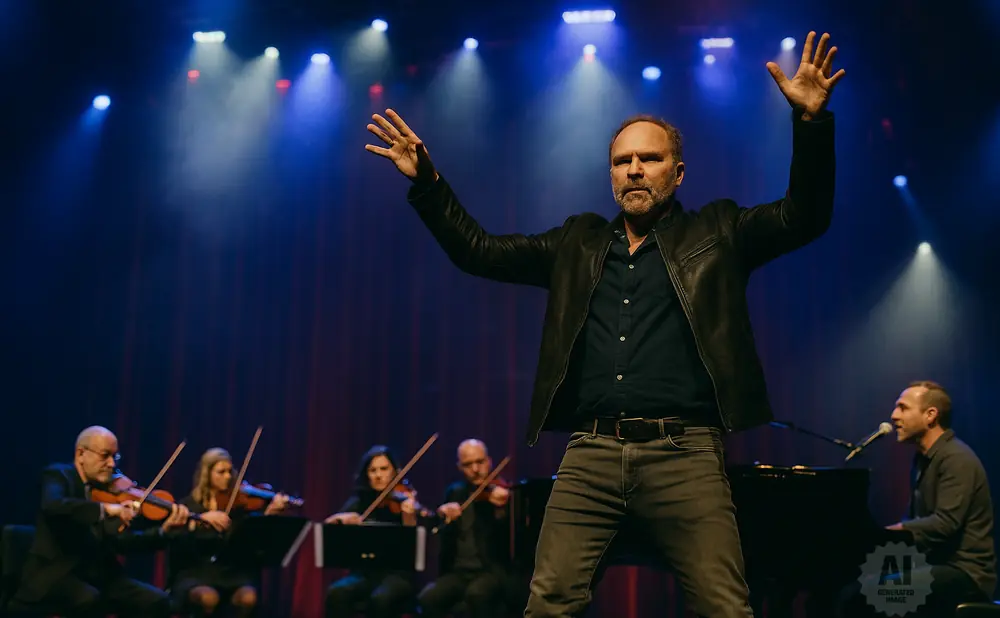 A man in a leather jacket conducting an orchestra while a pianist plays in the background.