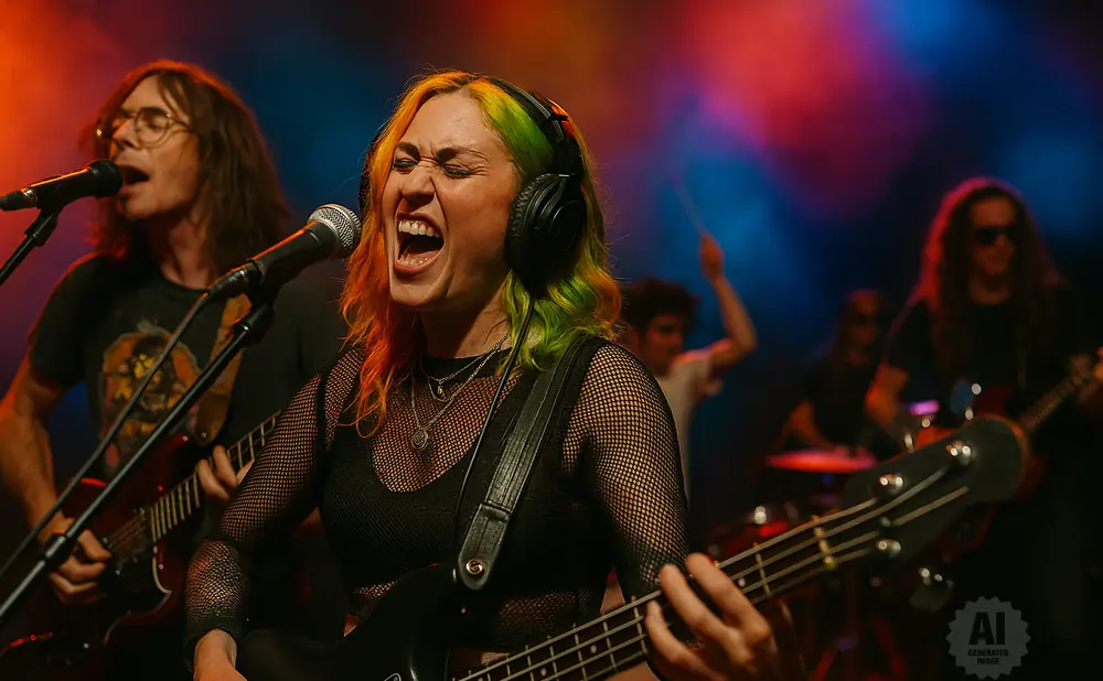 A woman with green and orange hair sings into a microphone while playing a bass guitar on stage.