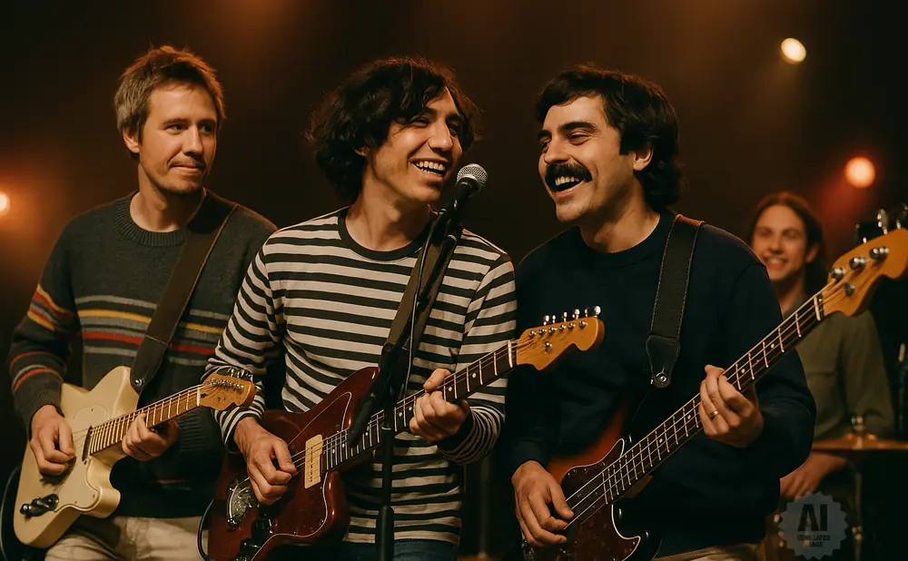 A band of four men play guitars and a bass on stage with warm lighting.