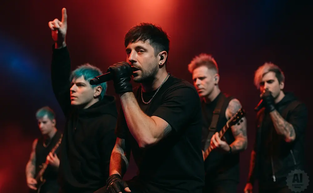 A band performs on stage with red and blue lighting. The lead singer sings into a microphone.