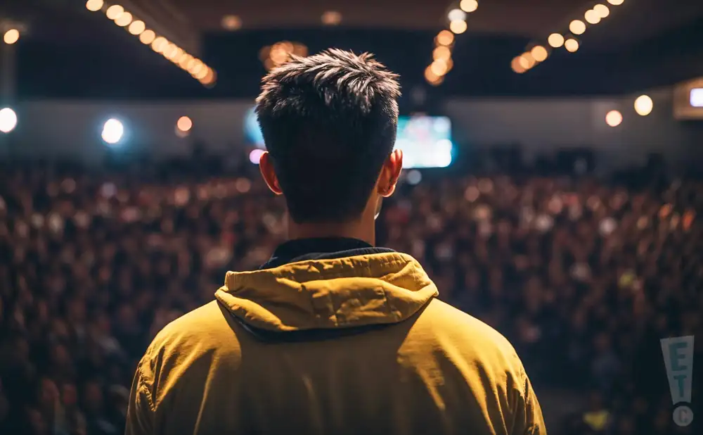a rear view photo of ghostdragon performing a concert on stage to a lively audience