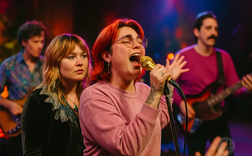 A woman with red hair sings into a microphone on stage with her band.