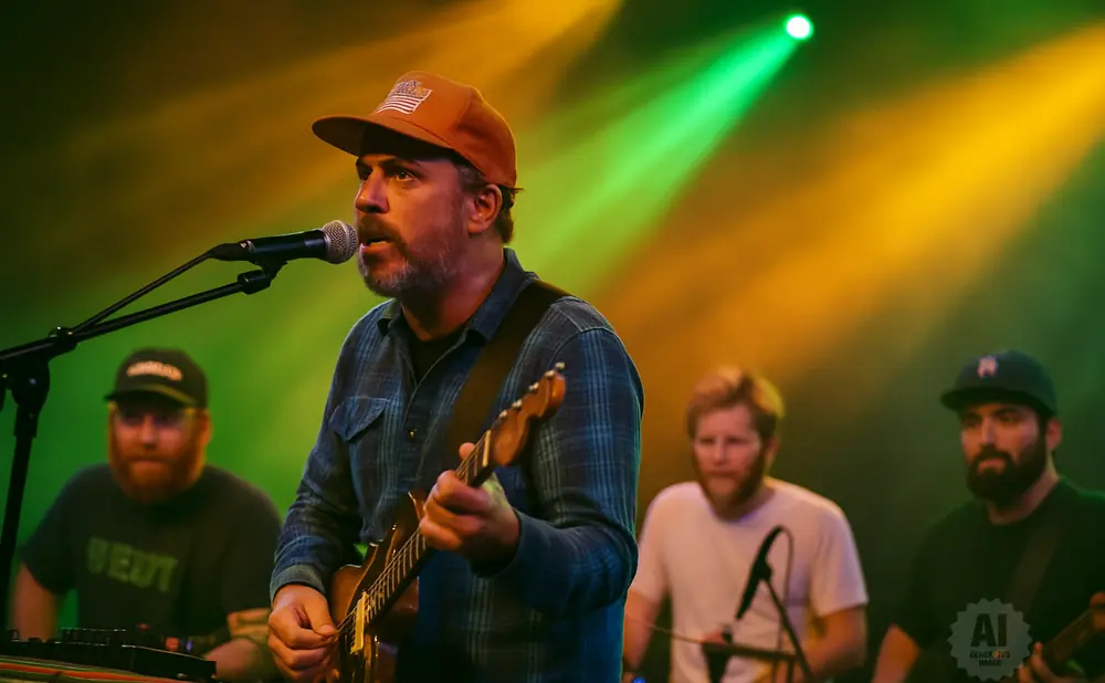 Musician in a cap sings into a microphone while playing guitar, with bandmates blurred in the background under green and orange stage lights.