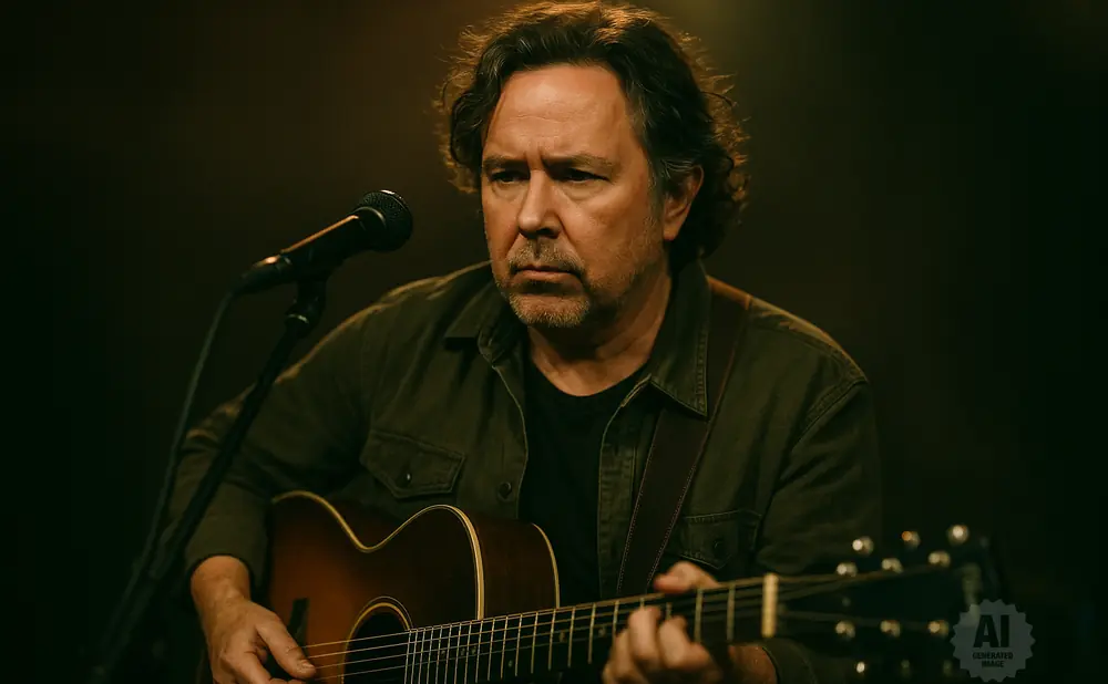 A man plays an acoustic guitar while singing into a microphone.