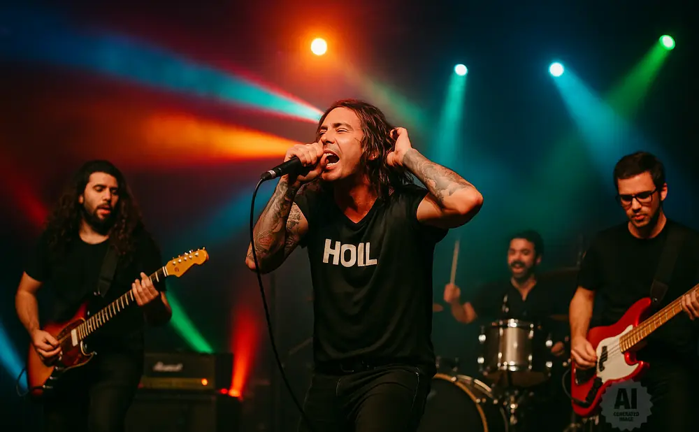 A band performs on stage with colorful lights. The lead singer is in the foreground.