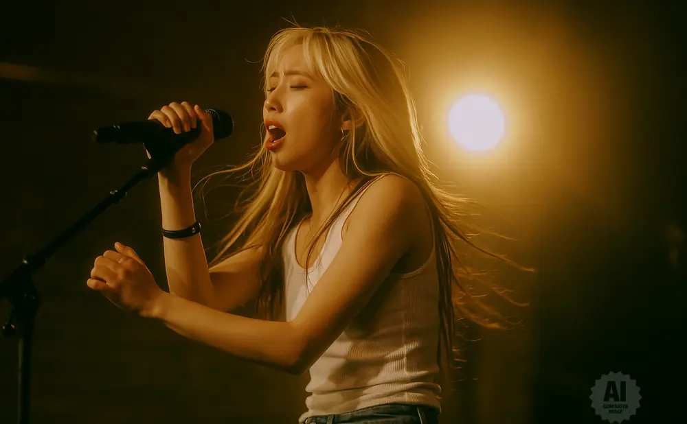 a rear view image of hannah bahng performing live on stage