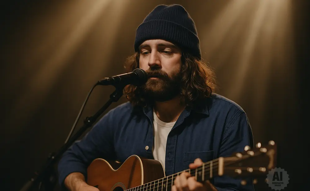 Man with beard and beanie plays acoustic guitar and sings into a microphone under warm stage lighting.
