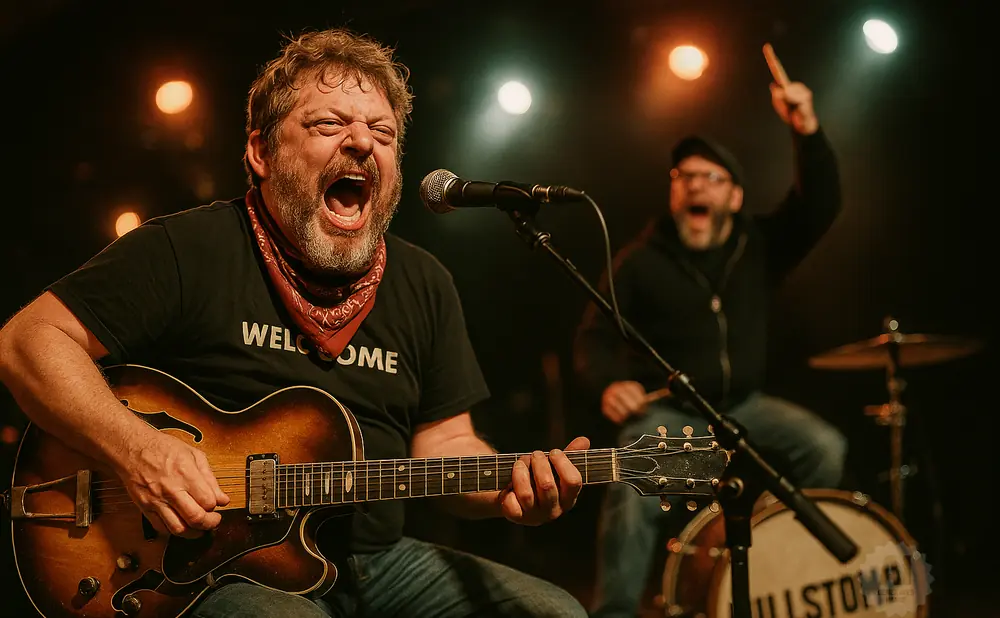 A man with a bandana sings and plays an electric guitar at a concert, with a drummer in the background.