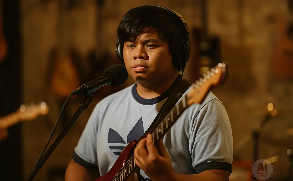 A person with headphones plays a red electric guitar in front of a microphone.
