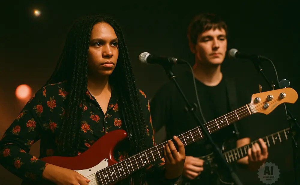 A woman plays a red bass guitar on stage, with a man playing guitar behind her.
