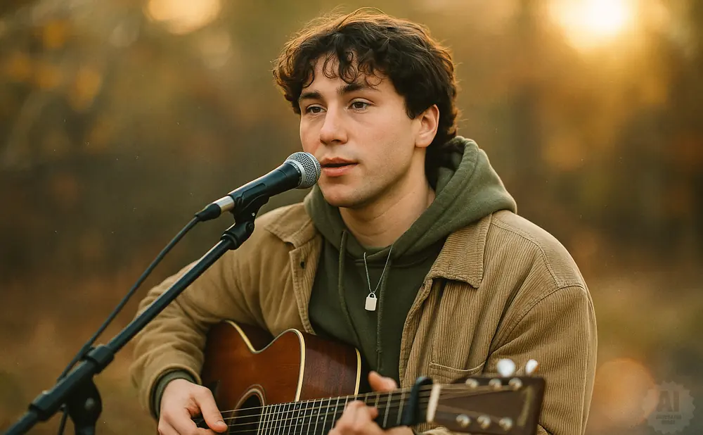 A young man plays an acoustic guitar and sings into a microphone outdoors at sunset.
