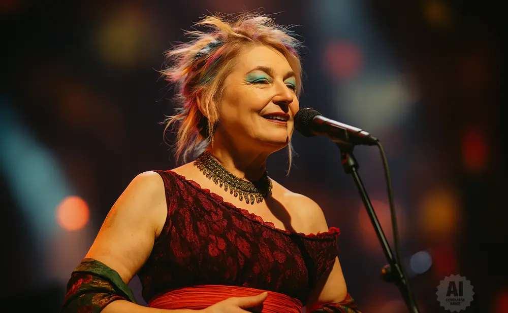 A woman with colorful hair sings into a microphone on stage.