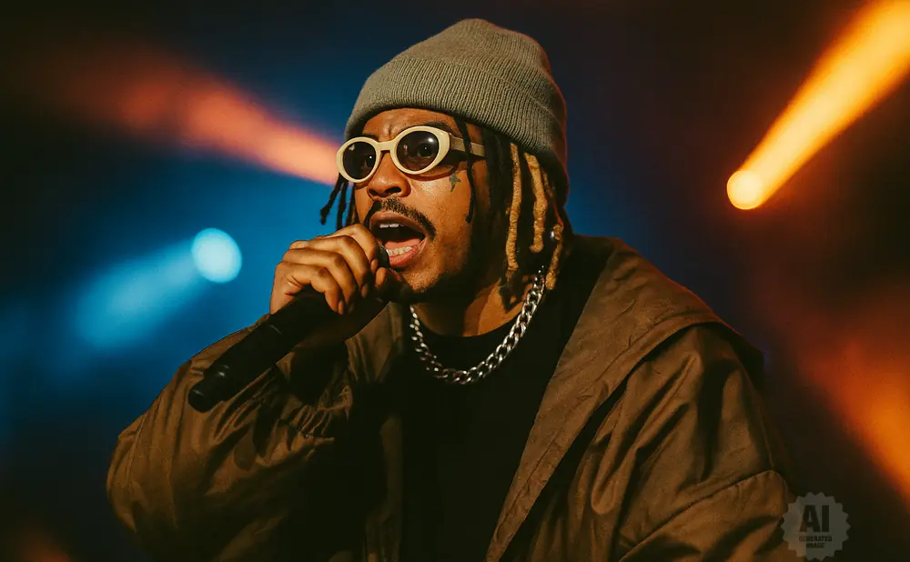 A rapper wearing a beanie, sunglasses, and a chain, performing on stage with spotlights.