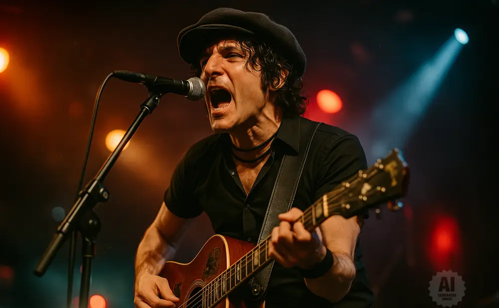 A man in a black shirt and cap sings into a microphone while playing an acoustic guitar on stage with warm lighting.