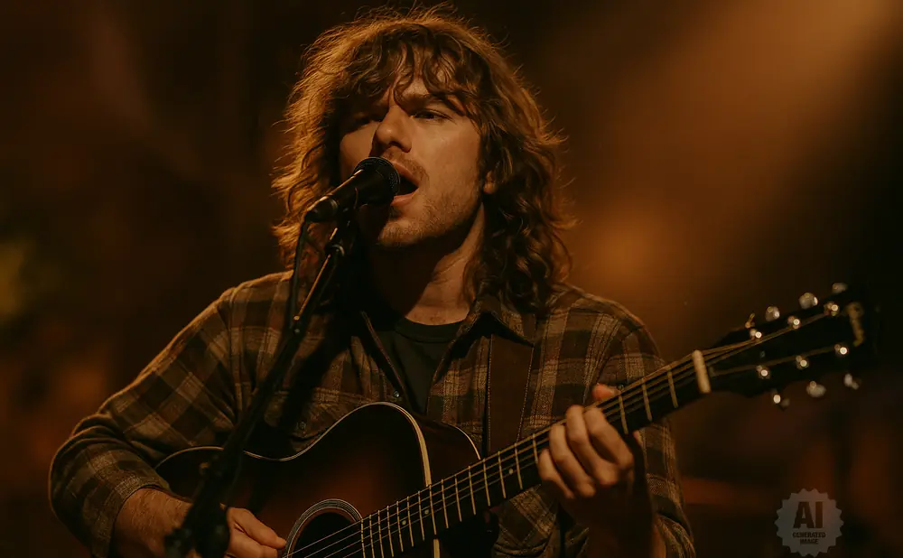 A man with long, wavy brown hair plays an acoustic guitar and sings into a microphone.