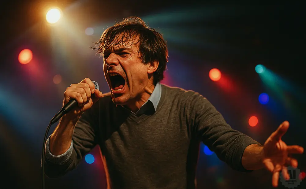 A male singer belts into a microphone on a dimly lit stage with colorful lights.