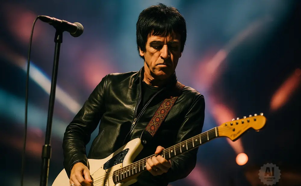 Johnny Marr plays a white Fender Jaguar guitar onstage, wearing a black leather jacket.