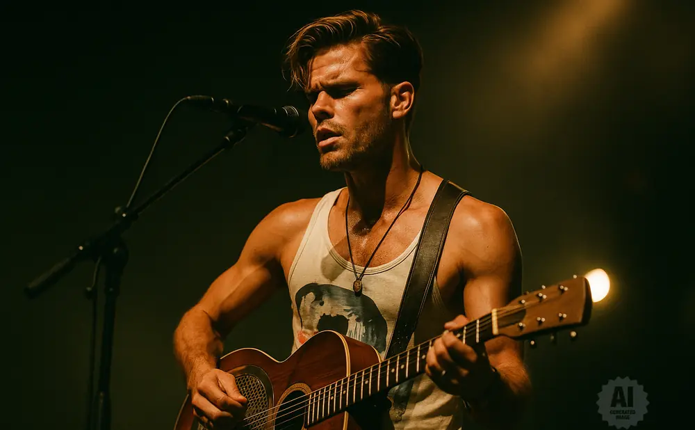 A man in a white tank top plays an acoustic guitar and sings into a microphone on a dark stage.